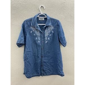 Womens Mainstreet Blues Shirt Size 14W Floral Embroidered Short Sleeve Button Up